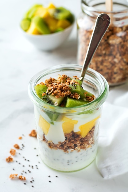 Semifreddo di muesli allo yogurt con mango, kiwi, frutta tropicale e semi di chia, dessert a strati o colazione. Messa a fuoco selettiva.