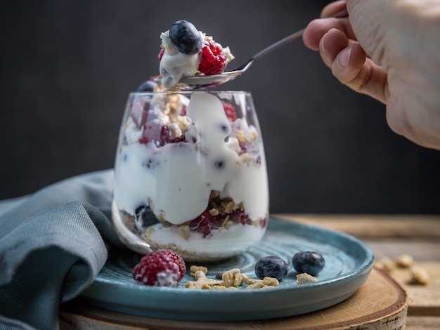 Semifreddo di muesli con yogurt ai frutti di bosco e cucchiaino