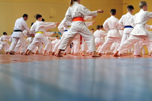 Seminario internazionale sul karatedo tradizionale Allenamento per bambini Banner con spazio per testo Per pagine web o stampa pubblicitaria Foto senza volti dal retro