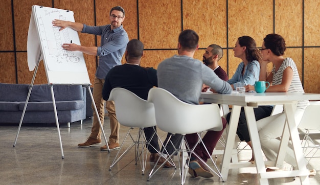 Seminario lavagna bianca e uomo in ufficio per la formazione produttività e discussione per lo sviluppo Leader di squadra di piccole imprese e persone in sala riunioni per la presentazione con grafico per la revisione delle prestazioni