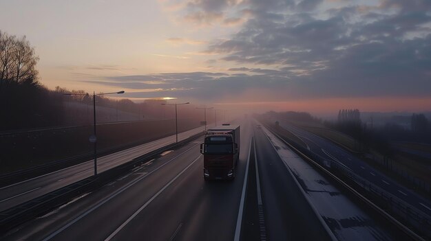 Semitruck sull'autostrada al tramonto La lunga strada si estende davanti al conducente che è circondato da un bellissimo paesaggio