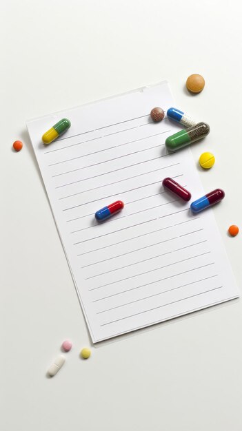 Semplica configurazione delle pillole su una carta di ricetta che indica la gestione dei farmaci