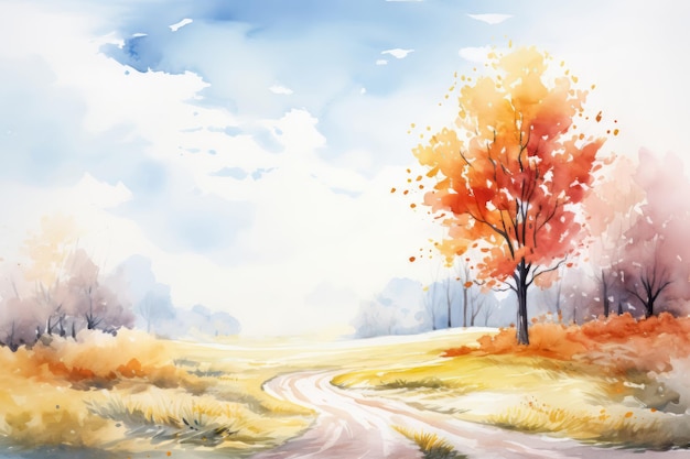 Semplice acquerello paesaggio autunnale Bellissimo paesaggio autunnale della natura sfondo