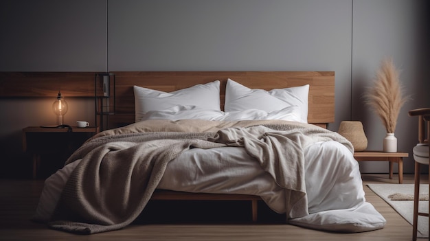Semplice camera da letto moderna minimalista, accogliente, confortevole ed elegante per interni di casa e appartamento