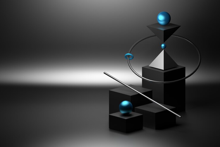 Semplice composizione di equilibrio con forme primitive di base cubi sfere di colore nero