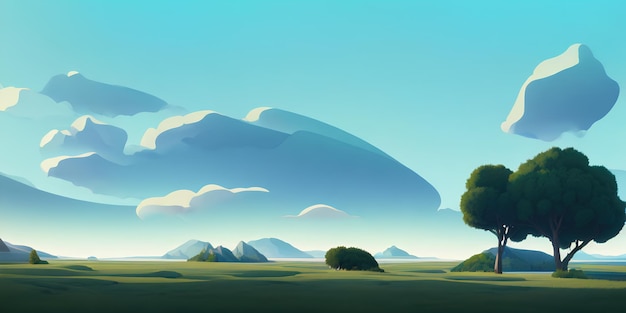 Semplice illustrazione del paesaggio, campo, montagne e cielo luminoso