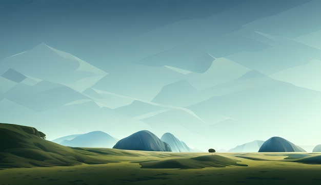 Semplice illustrazione del paesaggio, campo, montagne e cielo luminoso