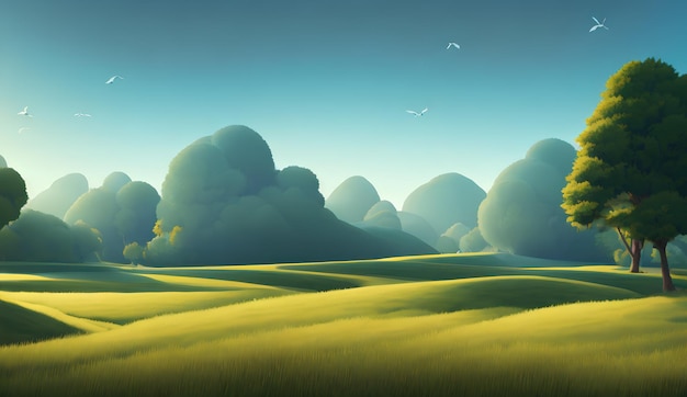 Semplice illustrazione del paesaggio, un campo verde e alberi e un cielo luminoso sullo sfondo