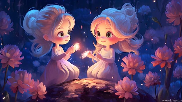 semplice illustrazione di una fata dei cartoni animati con due piccole ragazze bionde con un grande fiore scintillante