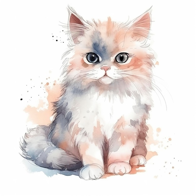Semplice Kawaii carino grazioso gattino soffice pelliccia acquerello isolato sfondo bianco generat ai