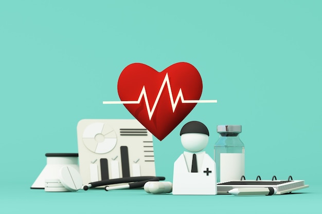 Semplice kit di primo soccorso blu aperto con farmaci per la categoria farmacia scatola di pillole stetoscopio e vaccino con e un sacco di pillole e capsule con personaggio dottore cartone animato 3d render BeHealthy