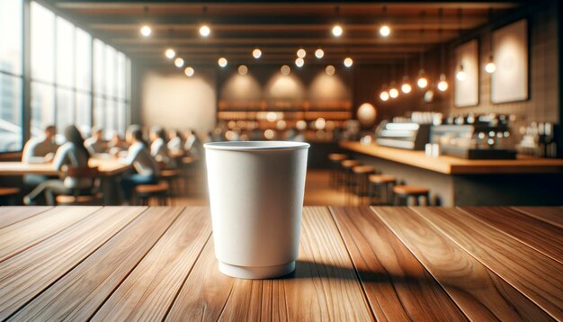 Semplice mockup di una tazza di caffè su un tavolo di legno con ambiente da caffè Concetto di design di branding IA generativa