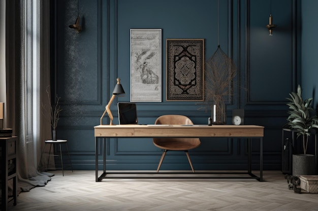 Semplice scrivania e sedia in legno in una stanza blu scuro IA generativa
