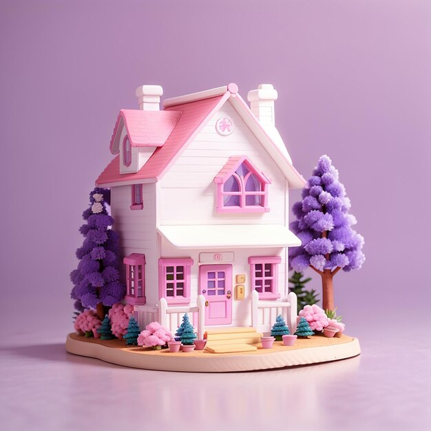 Semplicemente disegno con miniatura casa da giocattolo bianca isolata su bianco viola rosa pastello colorato alla moda ge