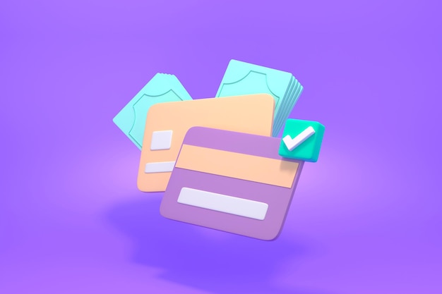 Semplici carte bancarie e banconote in 3d rendering su uno sfondo viola 3d rendono l'illustrazione
