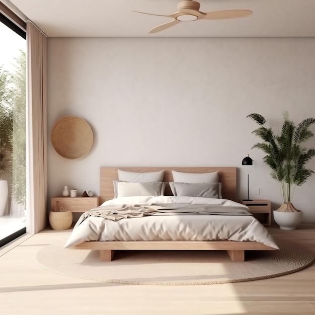 Semplicità nel riposo Interno minimo della camera da letto con decorazioni per la casa AI