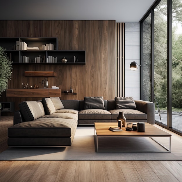 Semplico soggiorno con un divano in stile contemporaneo generato dall'AI