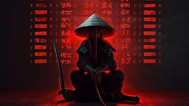 Sengoku Samurai con cappello inginocchiato e chinando la testa