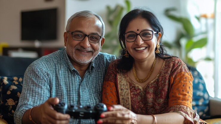 Senior couple enjoying gaming together in their cozy living room on a relaxing afternoon