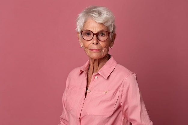 Senior donna con occhiali da sole in posa davanti a uno sfondo rosa senza soluzione di continuità