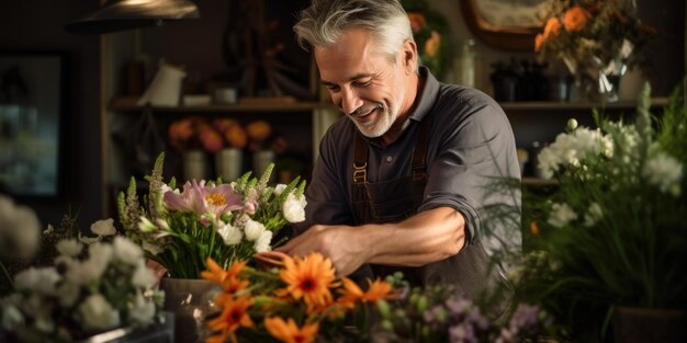 senior floral designer che prepara fiori per la vendita in un negozio di fiori aperto