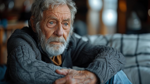 Senior grigio barbuto nonno maschio seduto a casa da solo tenendo le mani sul ginocchio ha un'emergenza doloroso articolare e dolore muscolare problema di lesioni è un uomo caucasico più anziano che è anziano malato