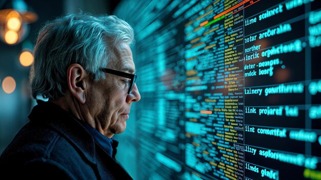 Senior programmer analyzing code on digital screen with programming languages representing experienced software developer coding expertise and technology innovation in modern workplace