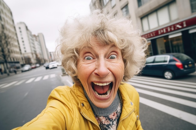 Senior vecchia donna espressione felice e sorpresa sullo sfondo della città
