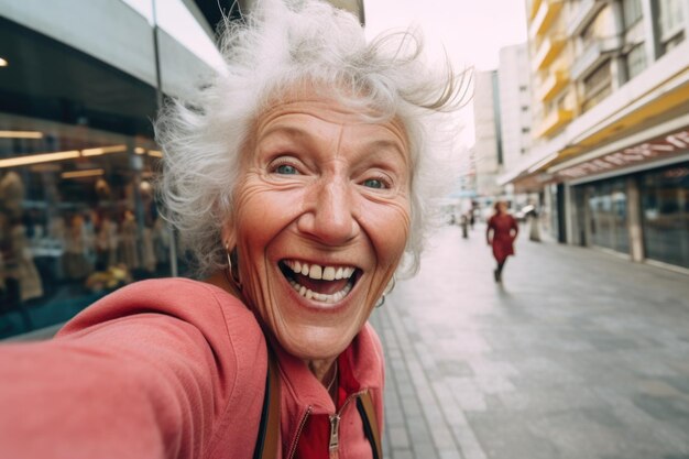 Senior vecchia donna espressione felice e sorpresa sullo sfondo della città