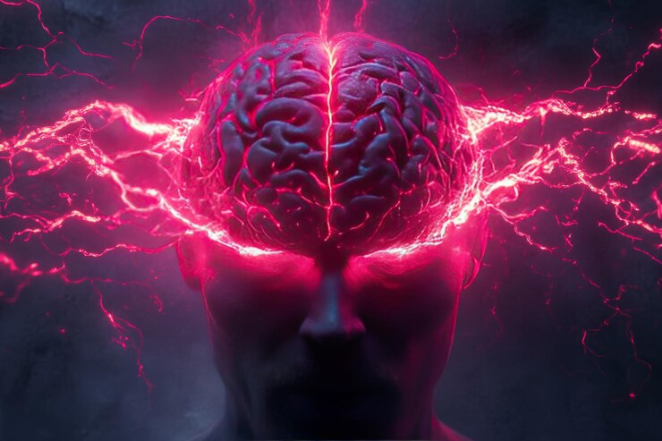 Photo sensory integration neurocoherence and neurocomputation abstract face surrounded by fiery energy sy