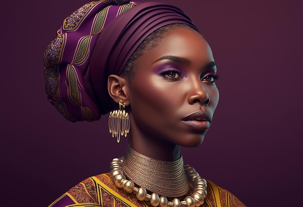 Sensuale donna nera che indossa il costume nazionale africano isolato su sfondo viola AI generativa