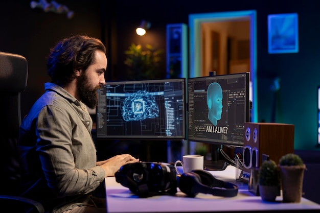 Sentient AI interacting with programmer asking existential questions