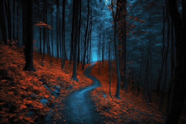 Sentiero autunnale sereno nei boschi ricoperti di foglie rosse IA generativa