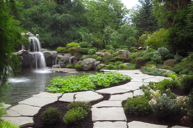 Sentiero che conduce alla cascata attraverso il giardino verde