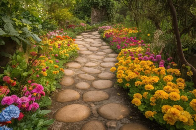 Sentiero colorato con pietre miliari che conducono a un giardino fiorito