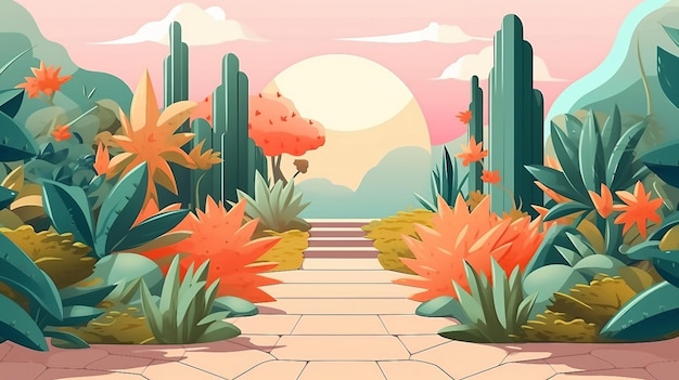 Sentiero con piante nel giardino al tramonto illustrazione AI generato