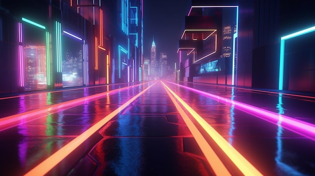 Sentiero di luce al neon di colore astratto Luci al neon su un tunnel buio con una città sullo sfondo