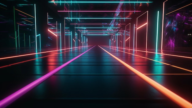 sentiero di luce al neon di colore astratto su un tunnel buio con una città sullo sfondo ai generativo