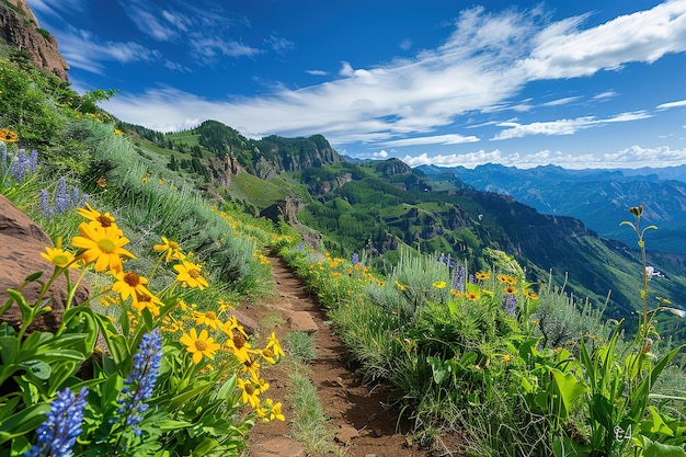 Sentiero di montagna con fiori selvatici sotto un cielo blu