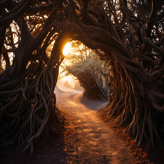 Sentiero dorato illuminato dal sole attraverso i boschi autunno autunno fantasia magica