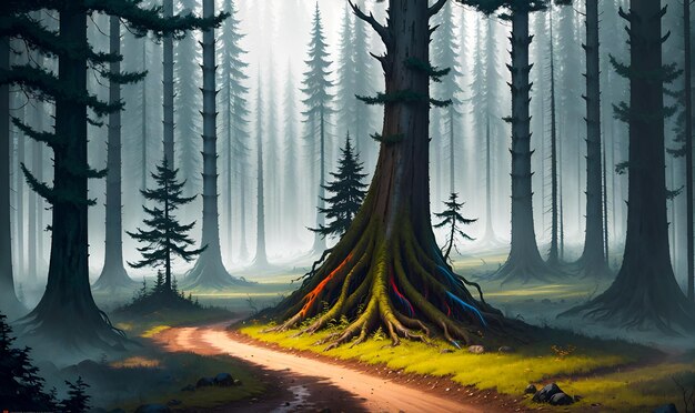 Sentiero forestale con alberi ad alto fusto fantasy magico gioco di fiabe scena artistica Post elaborazione AI generativa di alta qualità