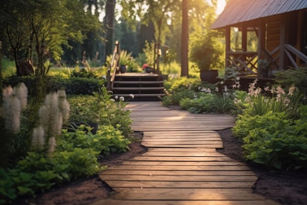 Sentiero in legno nel giardino che conduce al cottage IA generativa