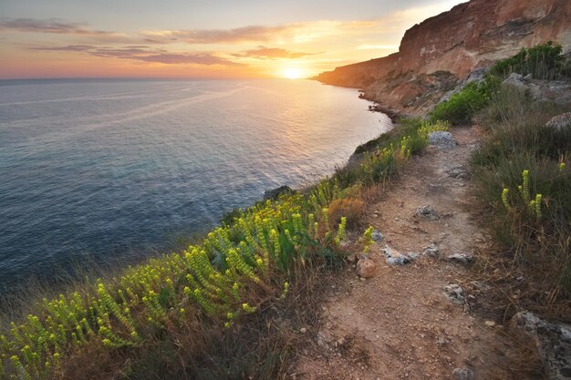 Sentiero in montagna al tramonto sul mare