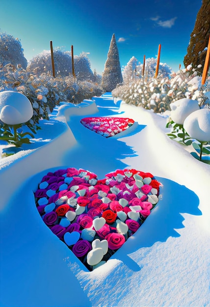 Sentiero innevato con fiori a forma di cuore generativo ai