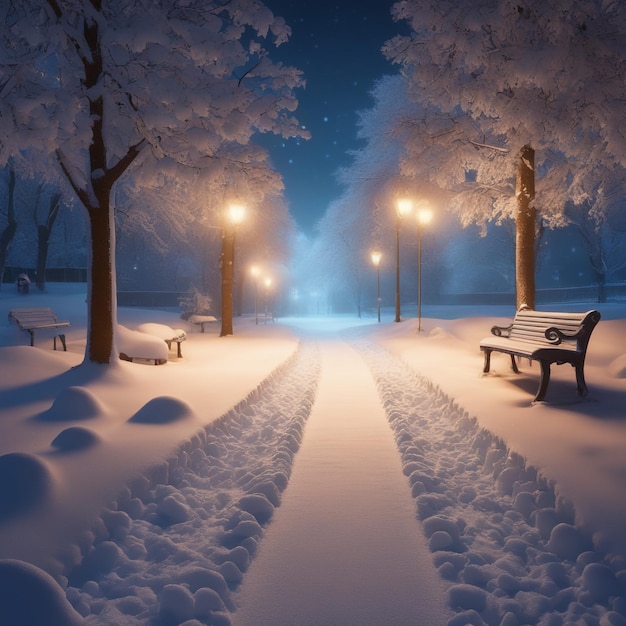 sentiero innevato illuminato in un parco su uno sfondo di una fredda notte invernale