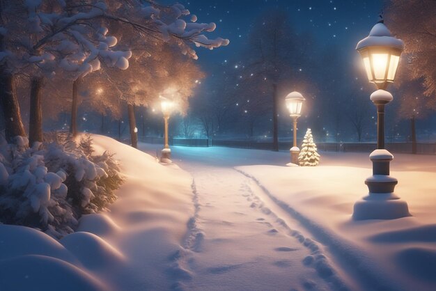 sentiero innevato illuminato in un parco su uno sfondo di una fredda notte invernale