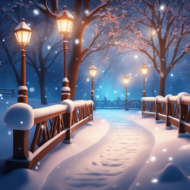 sentiero innevato illuminato in un parco su uno sfondo di una fredda notte invernale