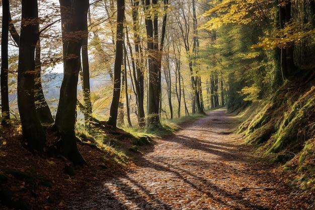 Sentiero soleggiato attraverso un bosco di faggi in autunno