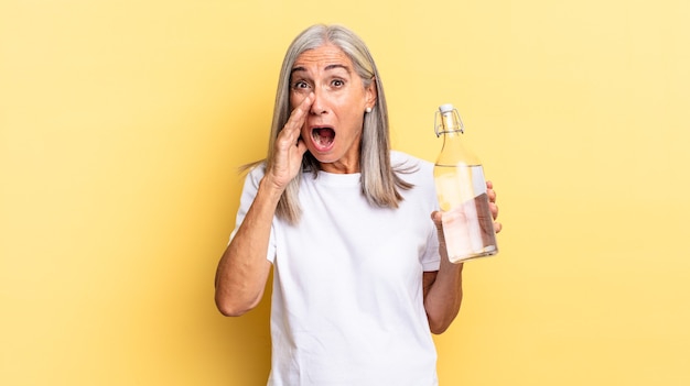 Sentirsi felici, eccitati e positivi, gridare con le mani vicino alla bocca, gridare e tenere in mano una bottiglia d'acqua