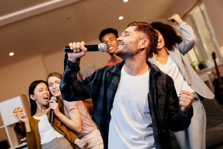 Foto sento come una superstar allegro bel giovane ragazzo che canta tenendo il microfono mentre gioca al karaoke